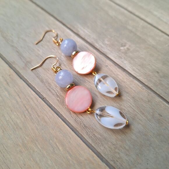 Mother of Pearl Aquamarine 18k Gold Dangle Earrings Boho Coquette Artsy Jewelry - Picture 4 of 9